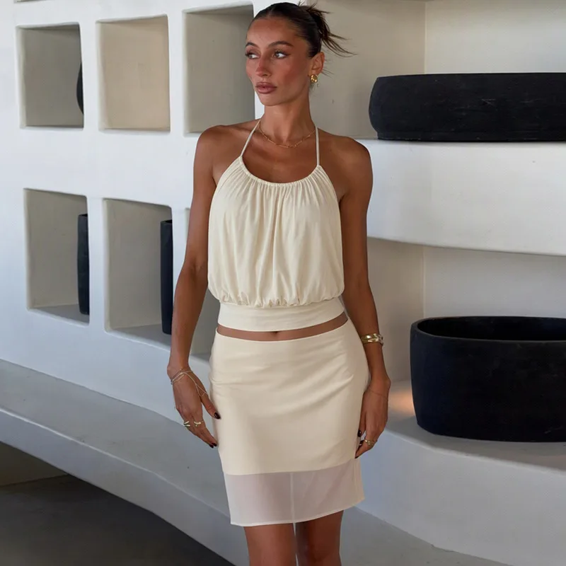 High Quality Hot Selling Wholesale Autumn Fashion Casual Camisole Exposed Waist Top High Waist Half Skirt Two-piece Set Women