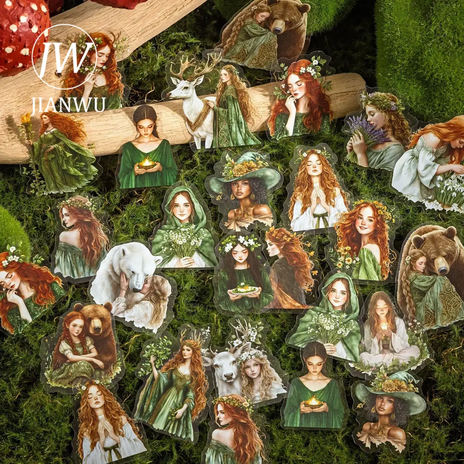 

JIANWU Forest Fantasy Series Vintage Tree Flower Character Landscape Material Collage SPET Sticker Creative Journal tationery