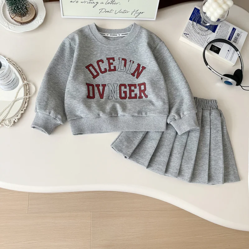 

Children's Outfit Set Skirt New Autumn Girls' Long Sleeve Letter Print Sweatshirt+Trendy Midi Skirt Casual Two-Piece Set