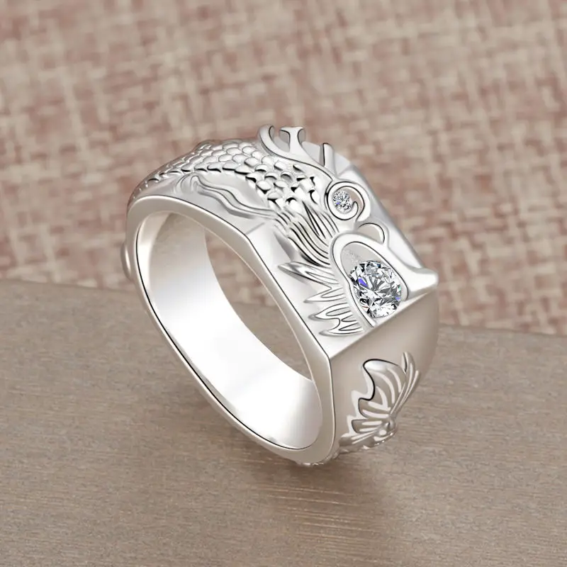 S925 silver creative Chinese dragon diamond ring men\'s domineering temperament diamond ring light luxury niche design jewelry