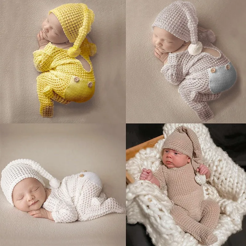 Newborn Fotografie Shooting Outfit Props Baby Girl Boy Cute Long Sleeve Rompers+Pointed Hat 2pcs/set Infant Photography Clothing