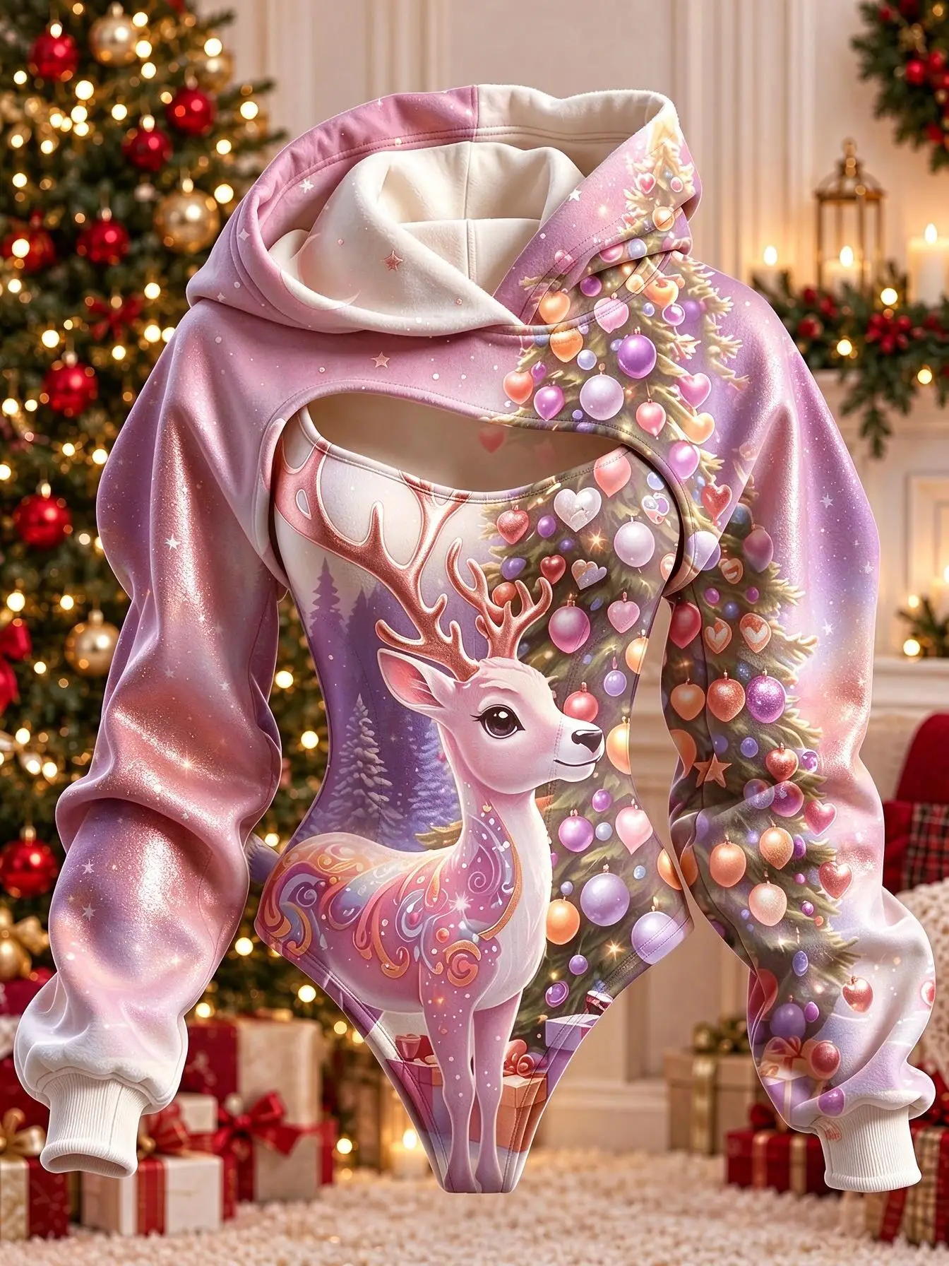 Women Christmas Reindeer Tree Print Double Hood Bodysuit Hollow Out Long Sleeve Hoodie