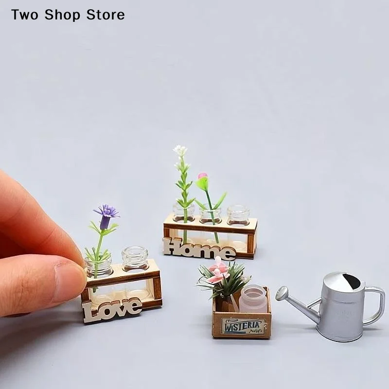 مزهرية زجاجية مدمجة للزهور، مقياس مصغر 1:12، حامل زهور خشبي للزراعة المائية، طقم ديكور للمنزل والحديقة