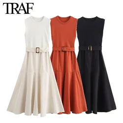 TRAF Women Fashion Summer New Fold Belt Splicing Round Neck Sleeveless Side Zip Long Dress French Chic Female Evening Clothing