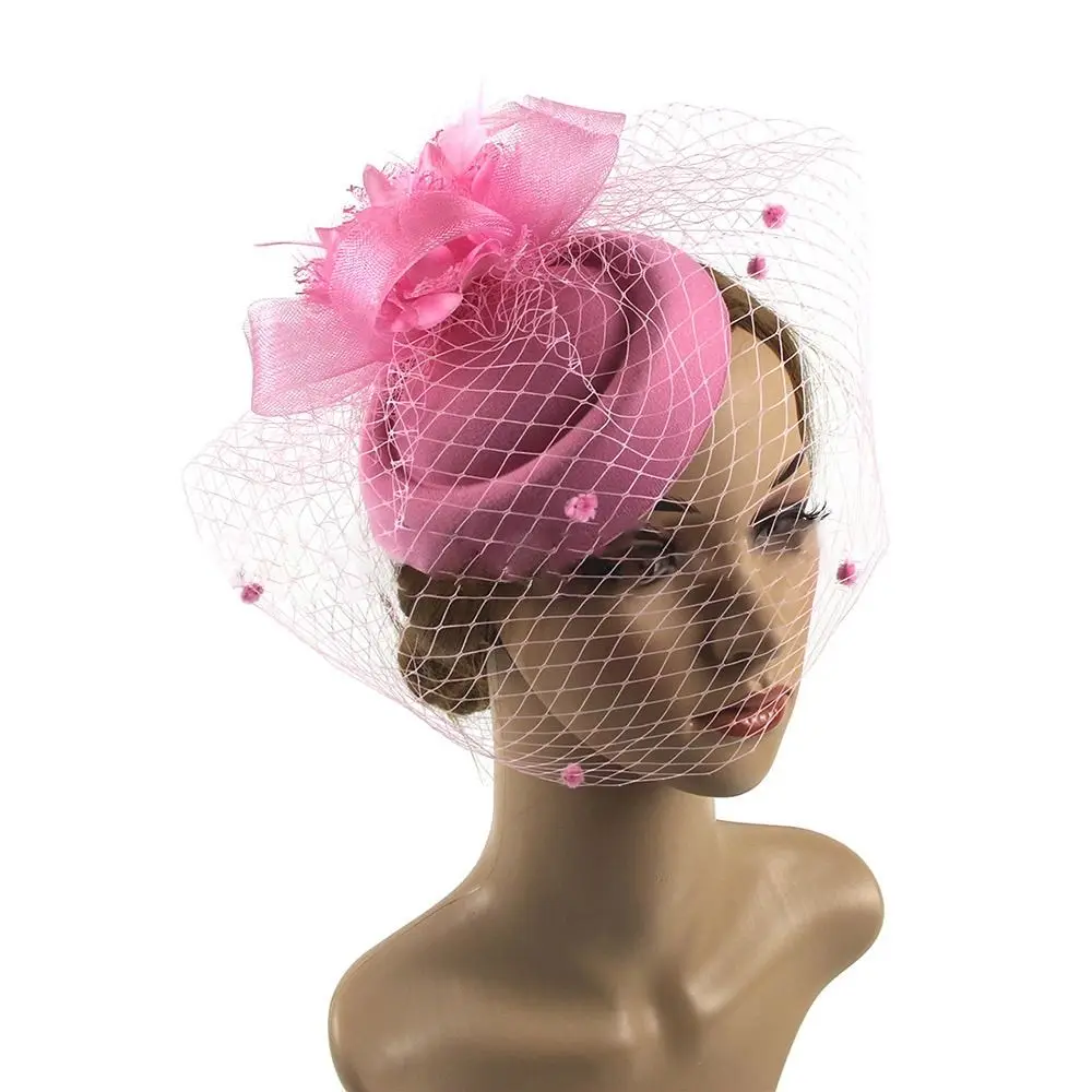 Versatile Sinamay Bride Headwear Feathers Flower Mesh Top Hat Retro Half Face Cover Mesh Veil Headdress Caps Outdoor