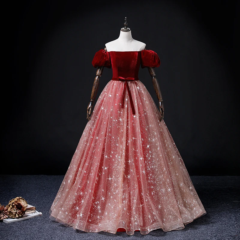 AnXin SH vintage princess wine red velour boat neck puff sleeve little bow sparkly star ball gown stage customized evening dress