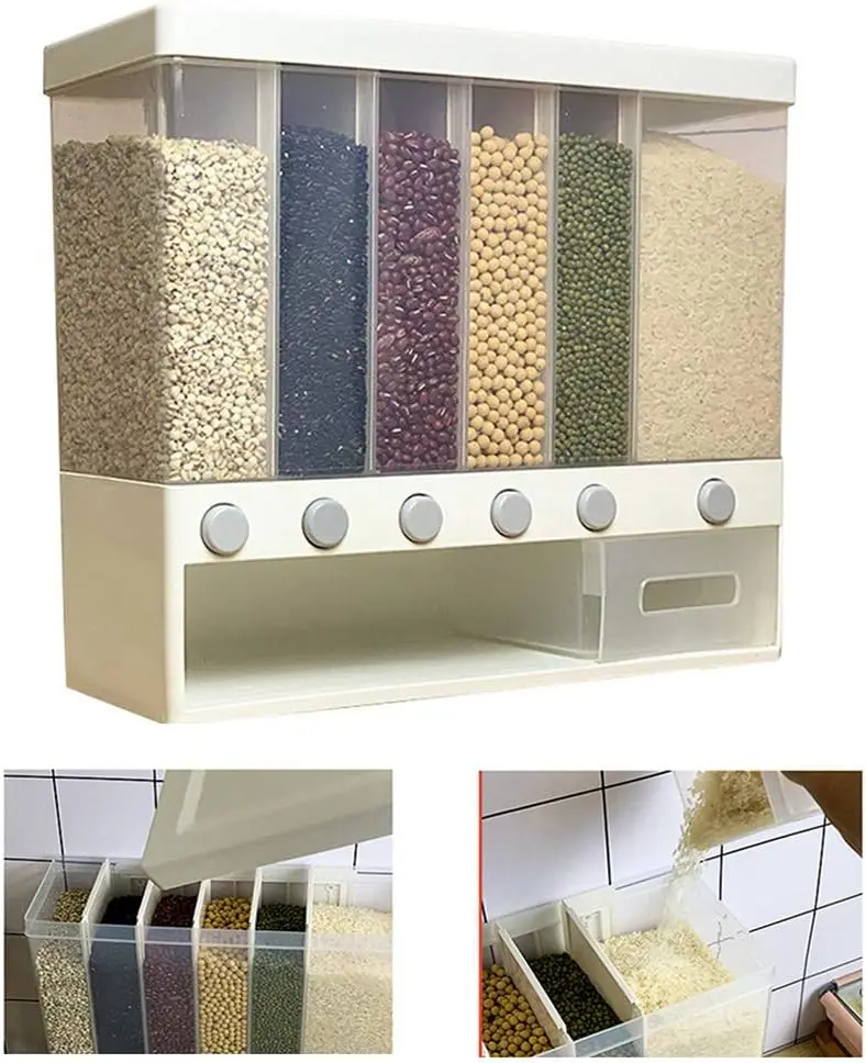 

WAQIA Mounted Food Dispenser,Whole Grains Rice Bucket,Large Capacity 6-Grid Storage Dry Food Dispenser, Dry Food Fruit Storage