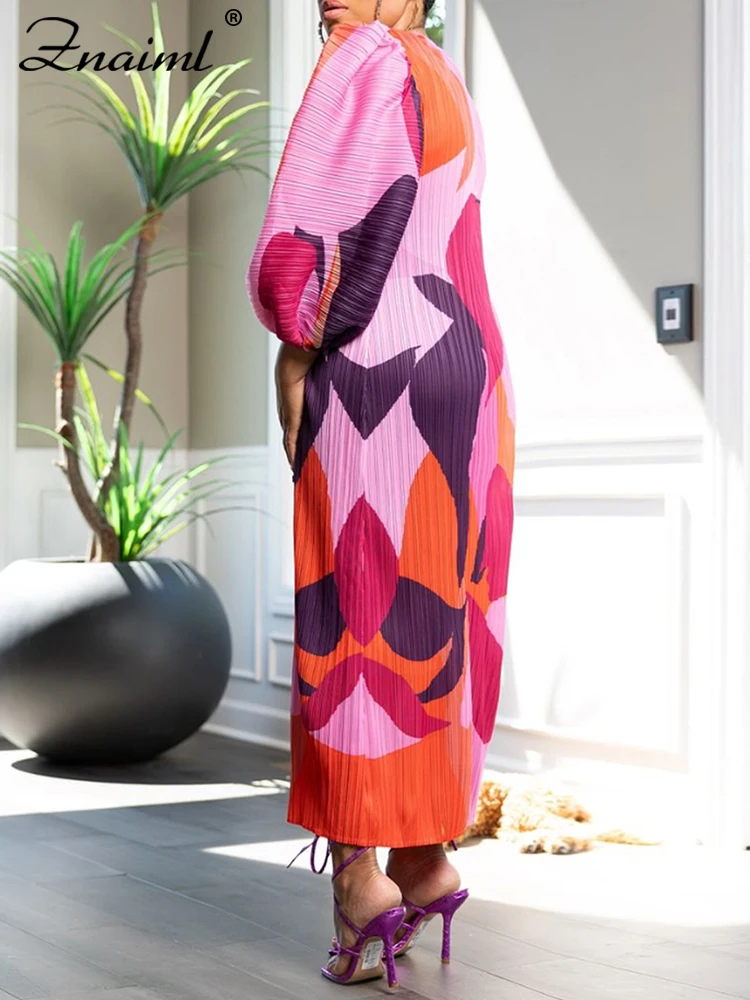 Znaiml O-Neck Long Lantern Sleeve Loose Mid Dress Women Print Patchwork Pleated Gown Evening Holidays Festivals Birthday Robe