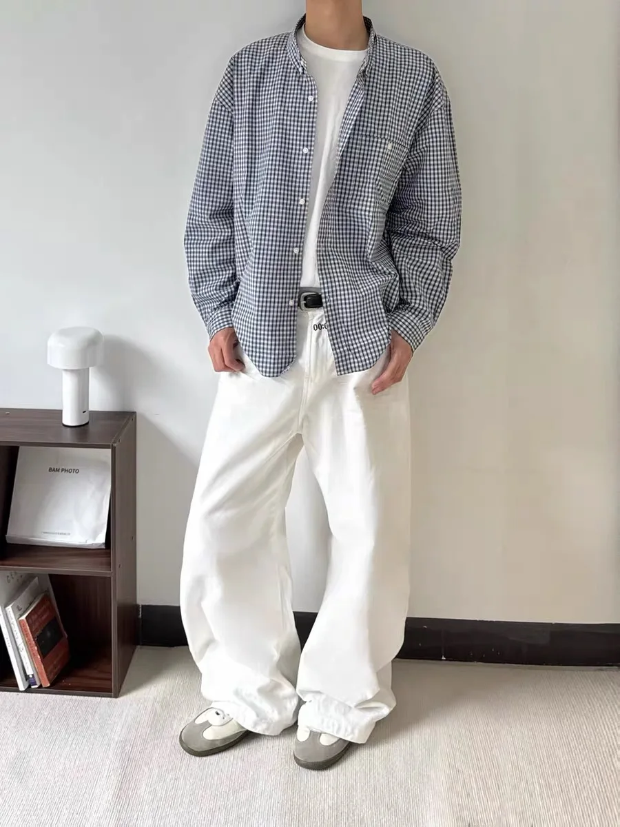 Мужская осенняя универсальная верхняя одежда в клетку в стиле ретро, сине-белую клетку Long Sve, хлопковая повседневная одежда на пуговицах