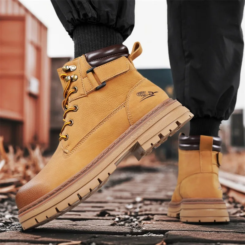 

2025 New Men's Big Yellow Boots Durable Anti - Skid Sole High - Top Chunky Sole Winter Fleece Lined British Work Boots Motorcycl