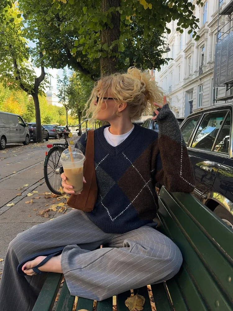 Свитер с ромбовидной сеткой, женский модный свободный лоскутный пуловер с v-образным вырезом и длинными рукавами, женский повседневный осенне-зимний верхняя одежда