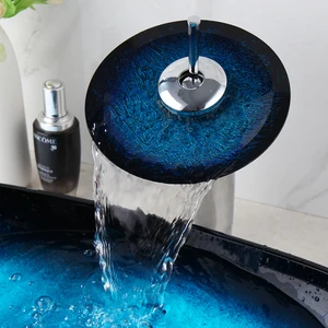 Zappo Temperedglas Badezimmervase, Wasserfall Oval Waschbecken, schwarzer Wasserhahn, blaues Gefäßwaschbecken über dem Becken 8 Hauptbadezimmerpias Verkauf - №1