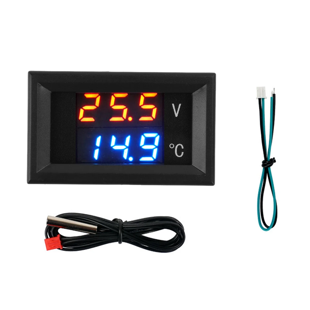 DC 4-28V Voltmeter Thermometer 0.28 Inch Mini LED Dual Display Digital Voltage and Temperature Panel with NTC 10K Probe