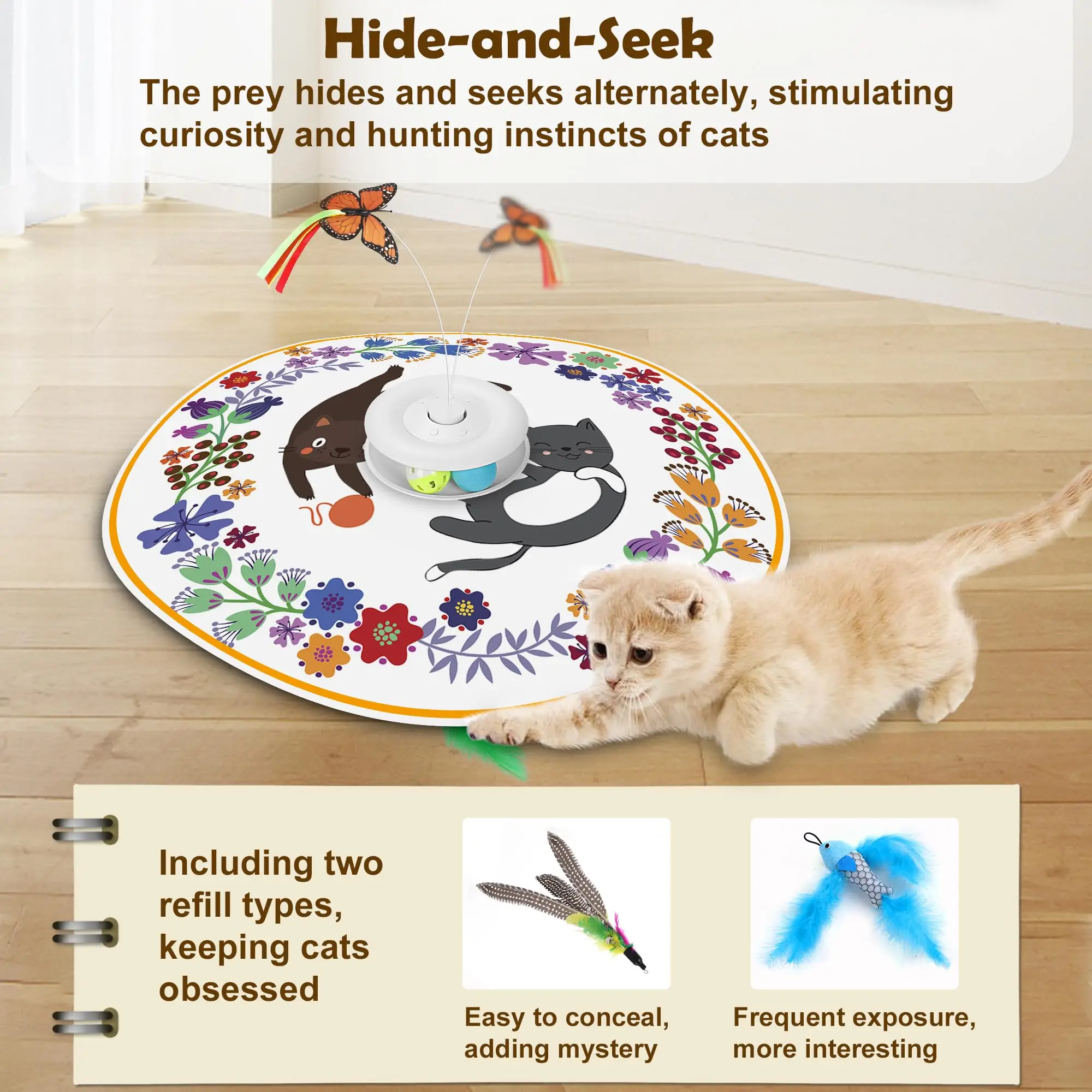 Cat Toys Rechargeable, 4 in 1 Hide and Seek Kitten Wand Toy, Automatic InteractiveToy for, Fluttering Butterfly, Chasing Feather