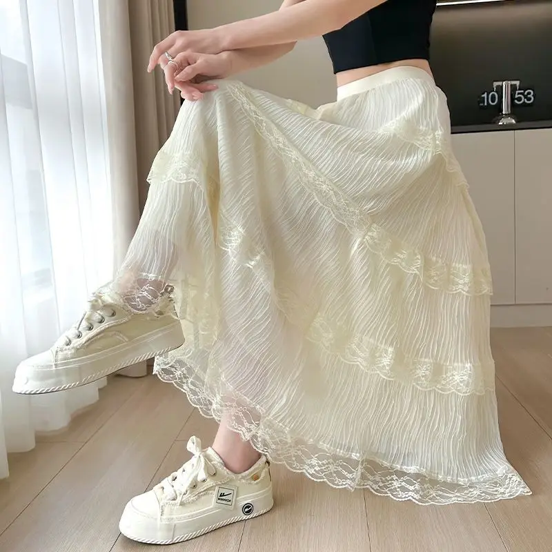 الحلو بلون تقسم الدانتيل ألف خط التنانير الملابس النسائية 2025 صيف جديد فضفاض الشباب نمط مرونة عالية الخصر ماكسي تنورة #5