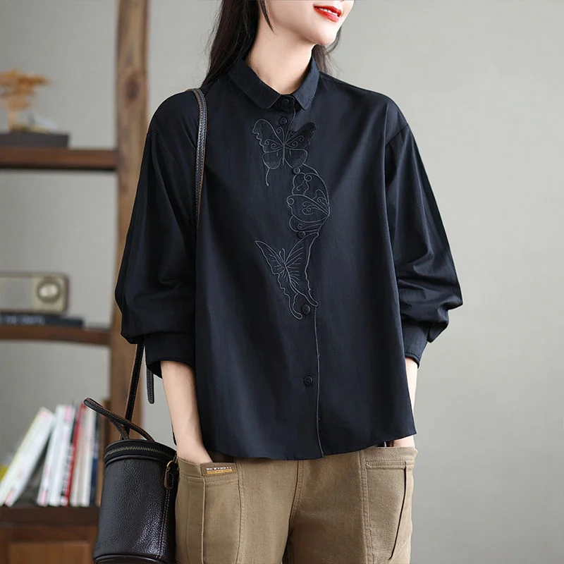 Retro versátil solto e fino tendência nacional borboleta bordada camisa de lapela de manga comprida