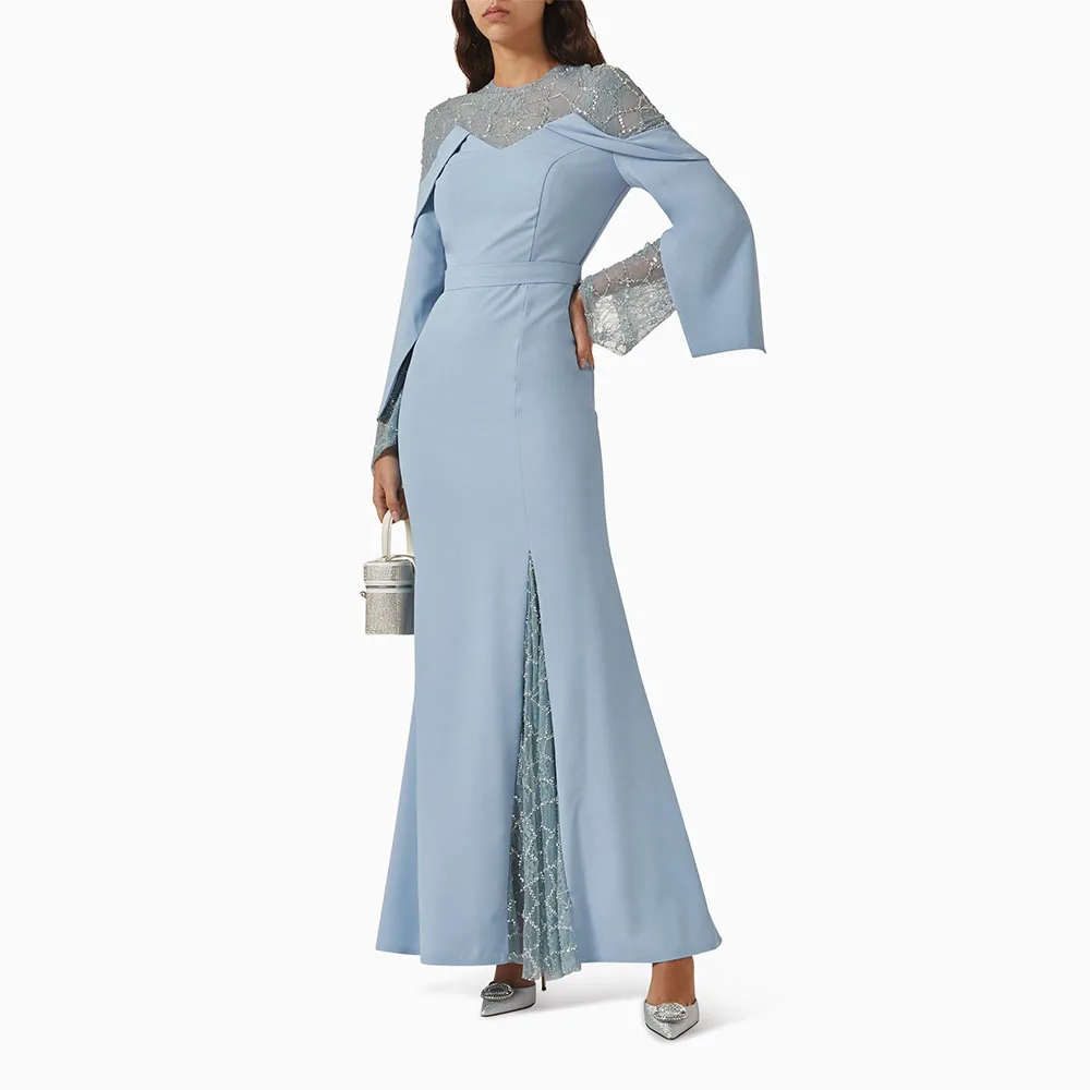 

Mermaid Custom Prom Dress O Neck Evening Dress Long Sleeves Formal Party Dress Floor Length Beading Saudi Gown