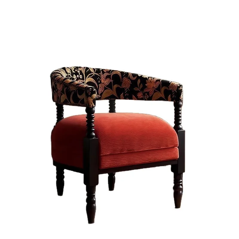 

French retro solid wood leisure chair small apartment jacquard fabric sofa chair living room balcony designer lazy single chair