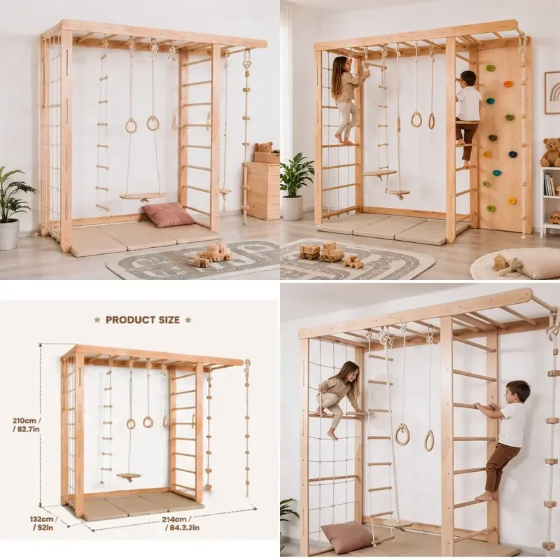 Wooden Montessori Climbing Wall Kids Indoor Gym 5 in 1 Playground with Swedish Ladder Safe Customizable Children Play