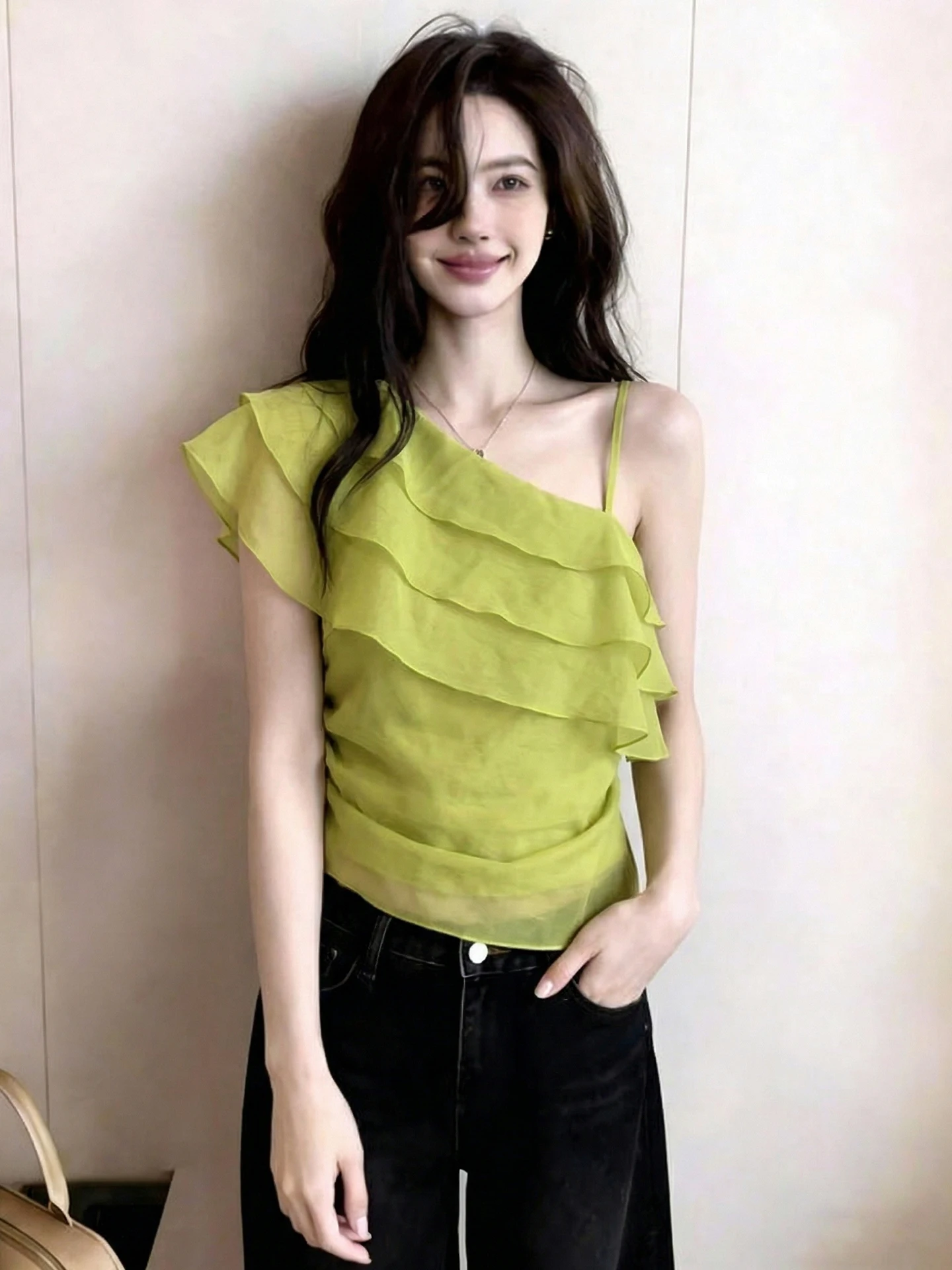 

Summer 2026 Shoulder Bared Skin-Friendly Lazy Style Versatile Commute Basic Crew Neck T-Shirt Korean Version Straight Cut