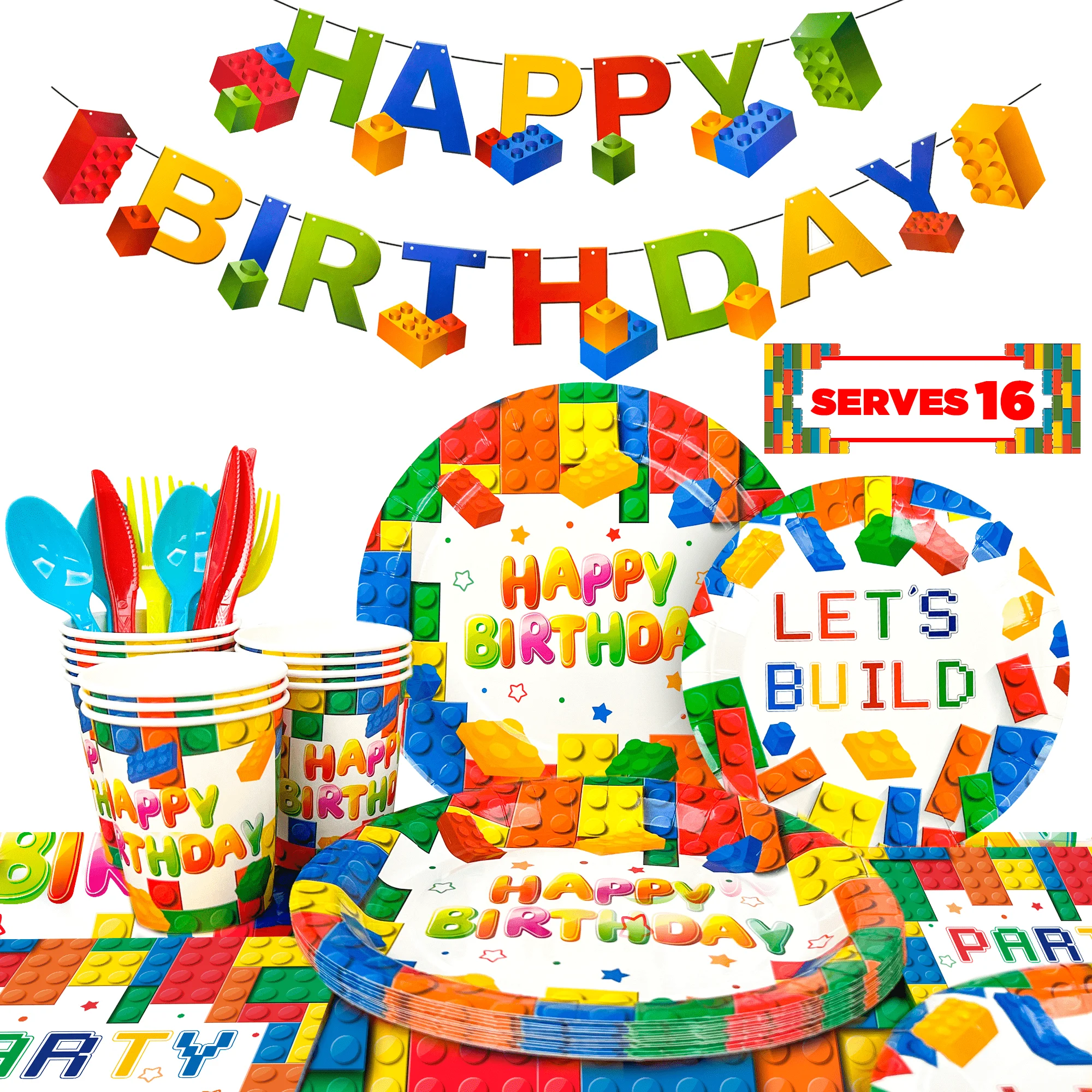 

Building Blocks Birthday Party Supplies-133pcs Party Tableware set-Building Block Party Plates Napkins Tablecloth etc