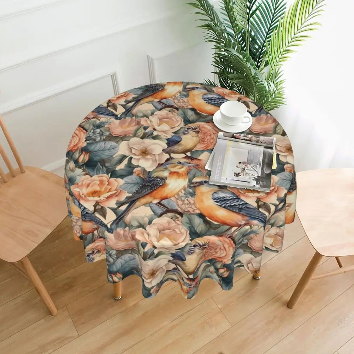นกดอกไม้ผ้าปูโต๊ะสีน้ําพิมพ์โพลีเอสเตอร์รอบตาราง Kawaii ที่กําหนดเองตารางผ้าสําหรับ Home Party ห้องรับประทานอาหาร