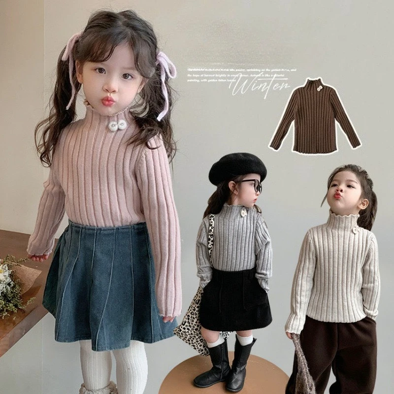 2025 New Girls' Half-High Neck Knitted Sweater - Thickened Warm A/W, Cute Bow, Toddler Knit Base Layer Top Children's