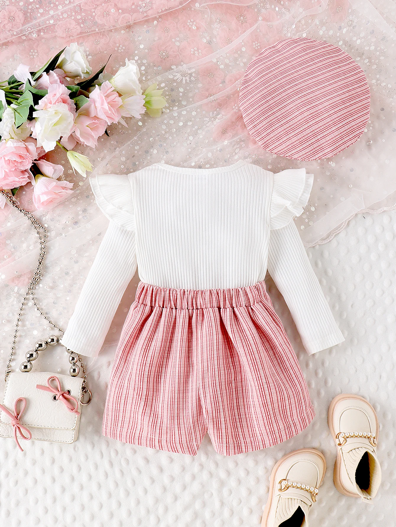 3PCS Autumn And Winter New Style For 0-3 Year Old Girls And Babies Fashionable Foreign Style Rice White Top + Shorts + Hat Set