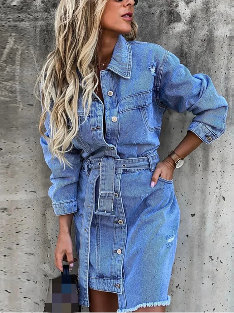 New Women Spring Autumn Turn-Down Collar Full Sleeve Denim Dress Casual Solid Button Mini Dress Fashion Elegant Streetwear Dress