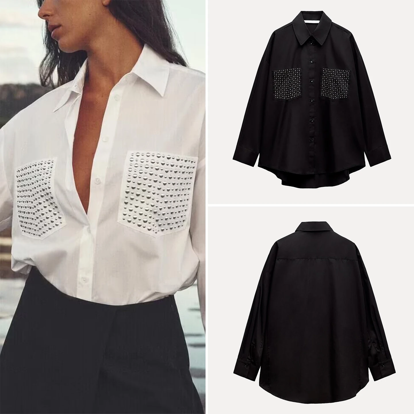

Z 2025 Autumn New Women's Loose Silk irt Personali Rivet Decorated European Sle Long Sve Collar Faionable