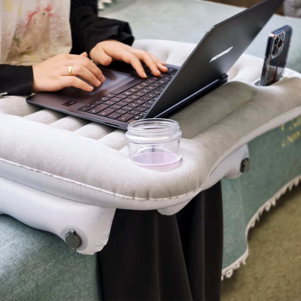 

Inflatable Laptop Tray Table with Cup Slot for Phone/Drink, Portable Travel Desk for Airplane, Car, Home- Lightweight & Multifun