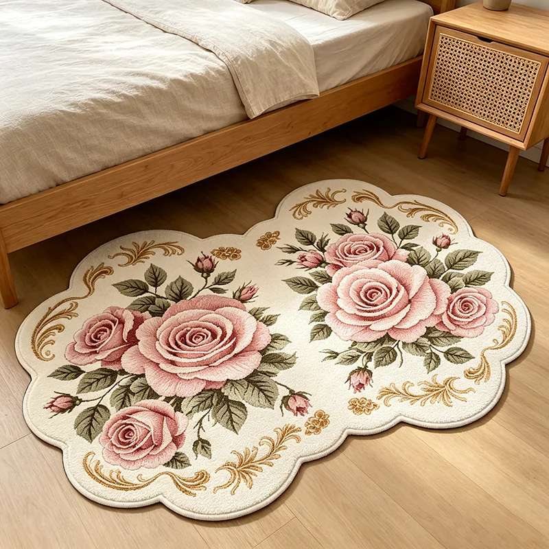 French Vintage Rose Irregular Rug Cream Style Floral Bedroom Beside Plush Carpet Luxurious Ambience Living Room Sofa Floor Mat