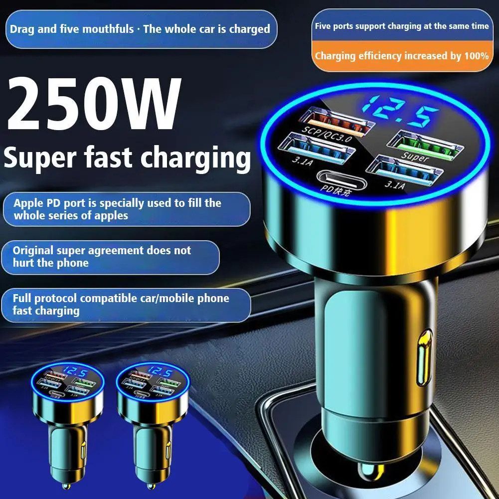 250W 5 Ports Car Charger Fast Charging USB C Car Phone Charger Type CAdapter in Car For iphone Car Kit