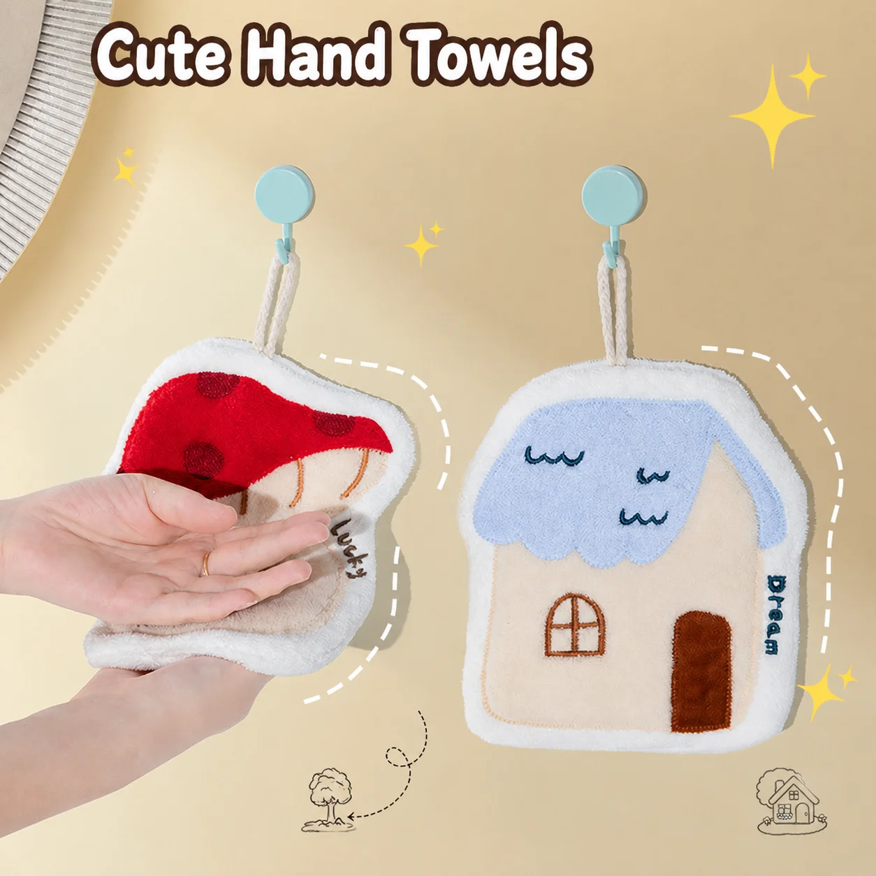 Cute Hanging Hand Towel Thickened High Density Coral Fleece Absorbent Soft Hand Cloth for Bathroom Kitchen Multiple Patterns