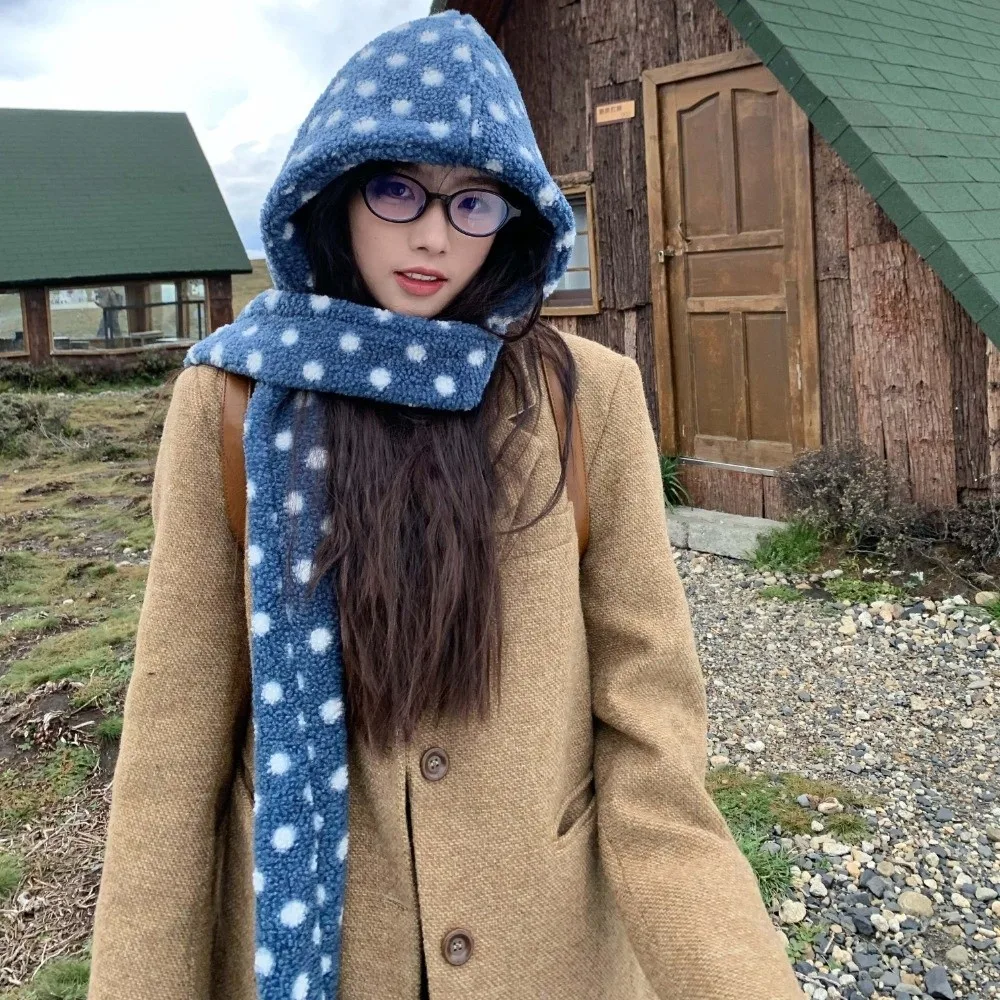 Integrated Design Hooded Scarf Hat Thermal Fabric Soft Fluffy Polka Dot Beanie Pull On Thick Fleece Hooded Scarf Fashion Women
