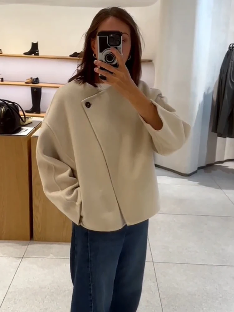 Women Minimalist Asymmetric One Button Short Coat Solid Loose Drop Shoulder Outerwear Chic Casual Fall Winter Daily Office Wear