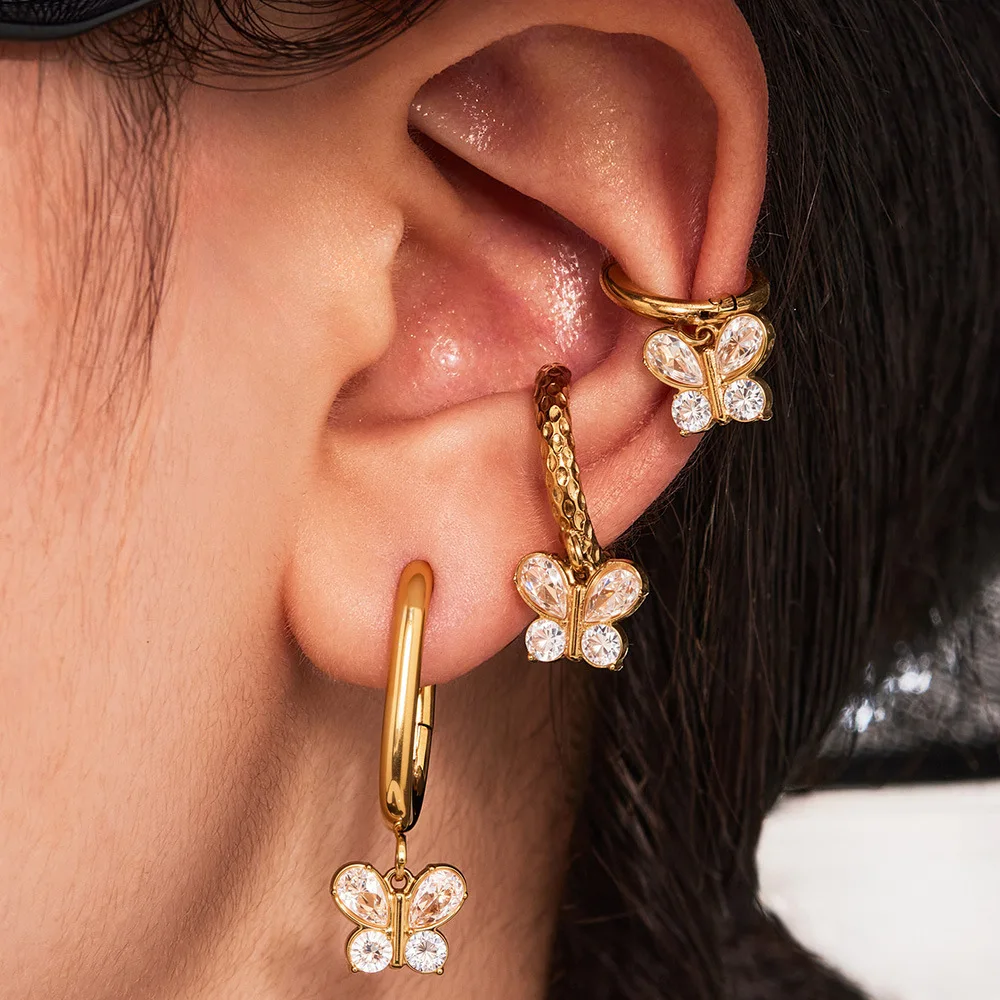 Stainless Steel Shiny Zircon Butterfly Pendant Earrings Plated 18k Real Gold Fashionable Best Seller Earrings for Women