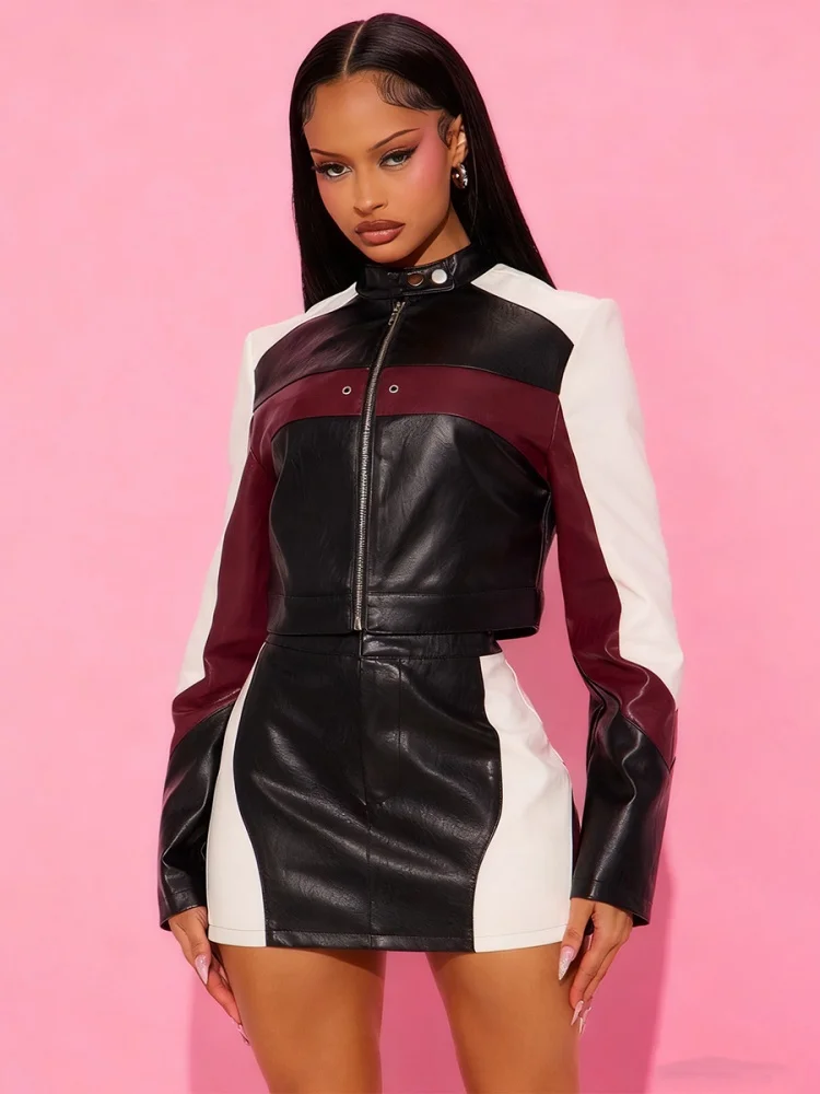 

Three Sisters New Arrivals Spring Autumn Fashion Motorcycle Jacket Woman Clothes Leather Slim Fit Long Sleeved Two-piece Set