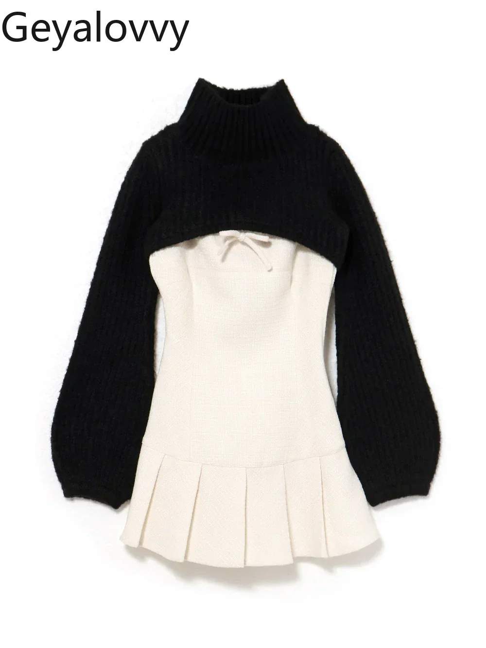 

Autumn Winter High Neck Cover-Up + Bow Pleated Strapless Camisole Dress Set for Women Japanese Style Casual Knitted Suit