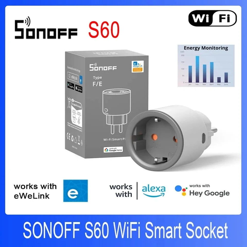 SONOFF S60 Розетка Wi-Fi ЕС/Великобритании Умная домашняя вилка Монитор питания Розетка eWeLink Пульт дистанционного управления Alexa Google Home Smart Things Yandex