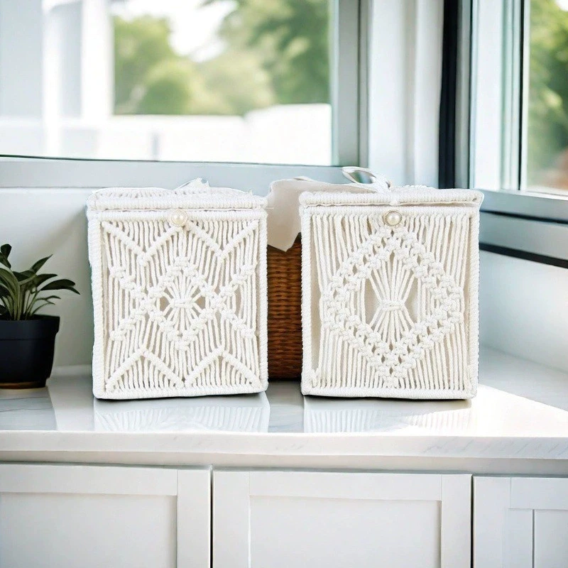 1 قطعة سلة التخزين مكرميه بوهو ديكور سلال لتنظيم كونترتوب ورق التواليت سلة الرف مع مقبض للحمام Bedr #5