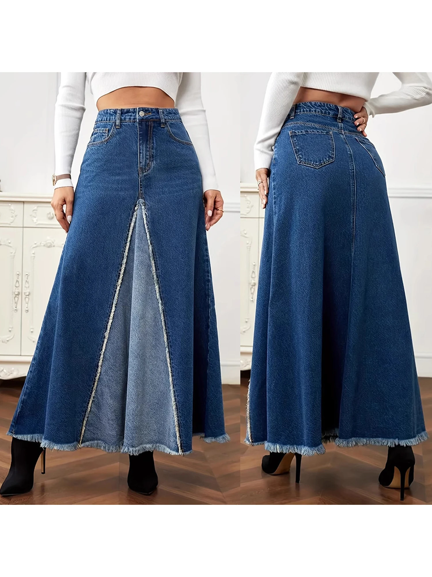 

Women s Vintage Denim Midi Skirt with Distressed Hemline and High Waist A-Line Design Perfect for Year-Round Wear