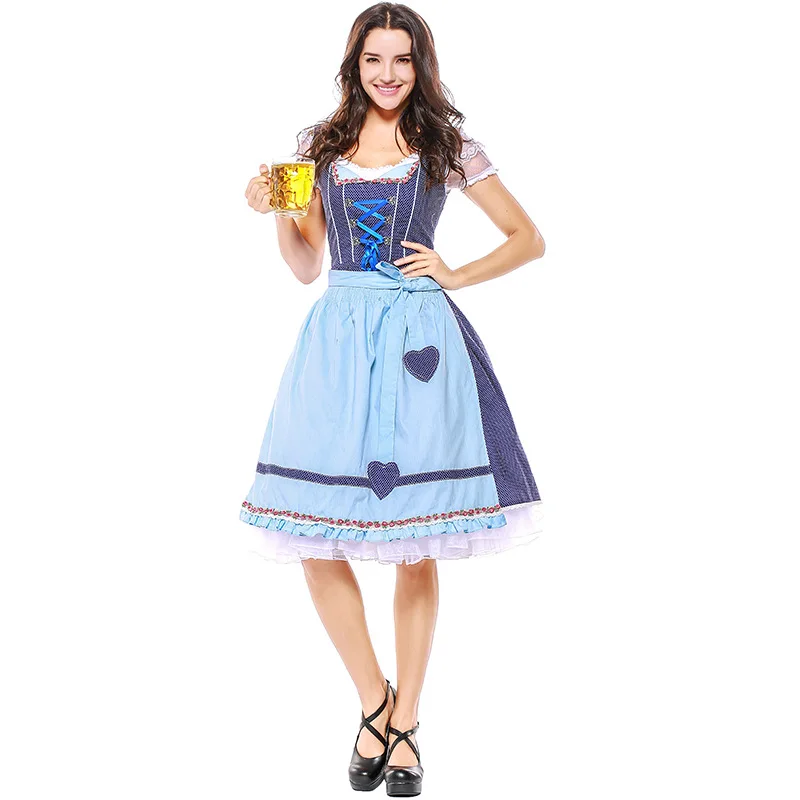 Women Plaid Dirndl Dress and Blue Apron German Oktoberfest Costume Bavarian Tavern Waitress Outfit Cosplay Fancy Party Dress