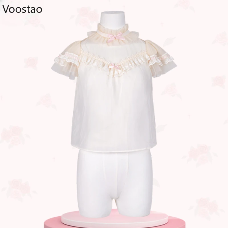 Japanese Sweet Lolita Blouses Women Harajuku Kawaii Ribbon Bow Ruffles Mesh Shirts Girls Gothic Y2k Blusas Mujer Inside Tops