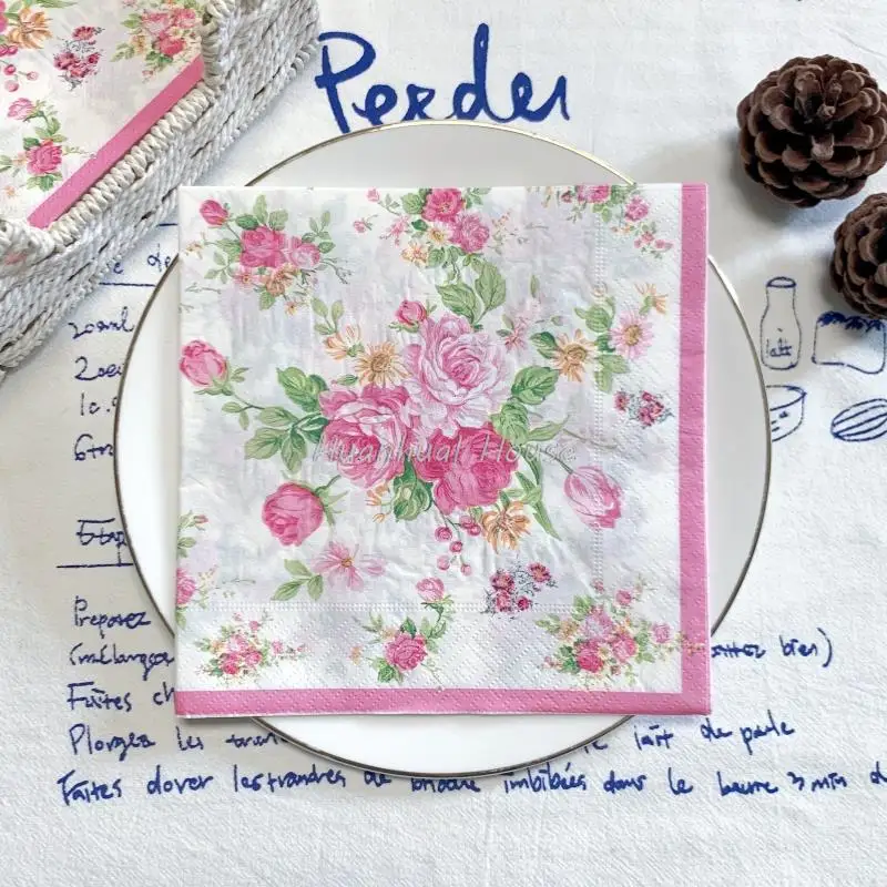 20Pcs/Pack Pink Rose Flower Butterfly Table Decoupage Paper Napkins Vintage Floral Napkin Paper Tissues for Wedding Party Decors