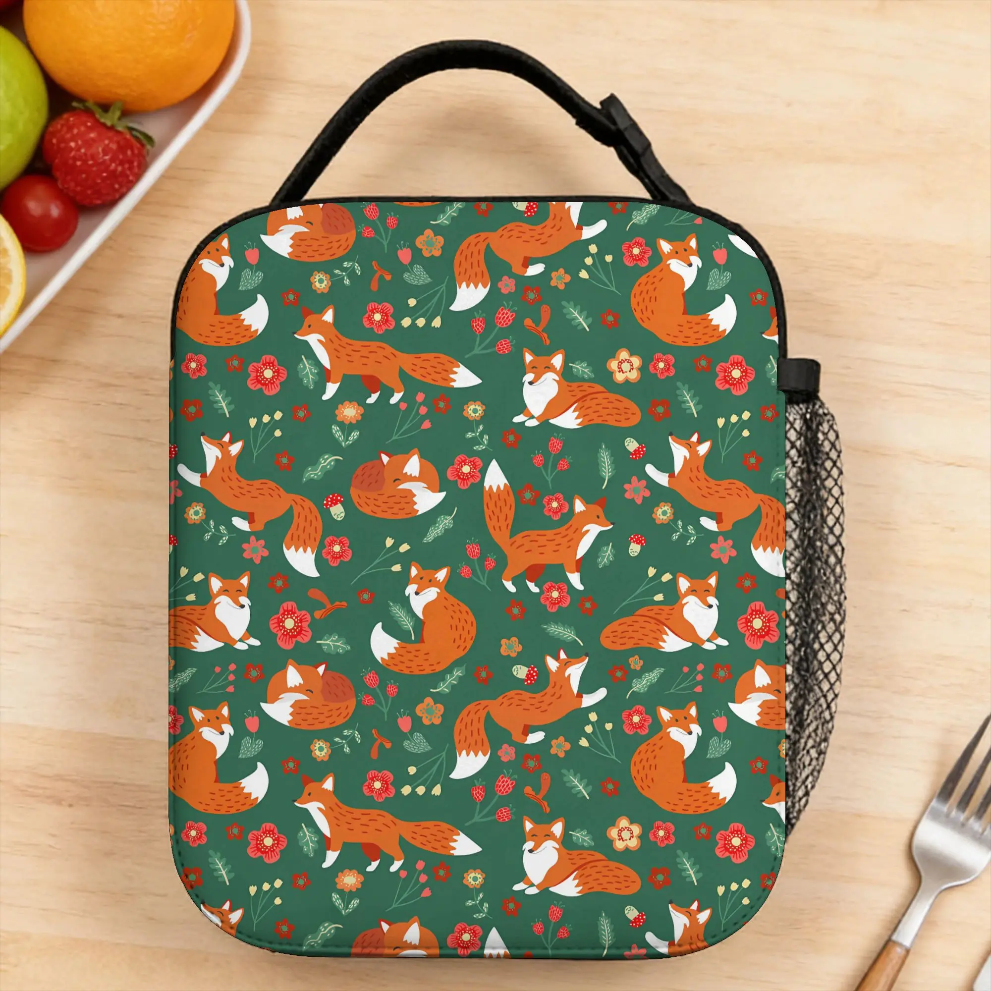 Cute Foxes Green Christmas Pattern Lunch Bag For Men  Designer Office Lunch Box Funny Convenient Oxford Cooler Bag