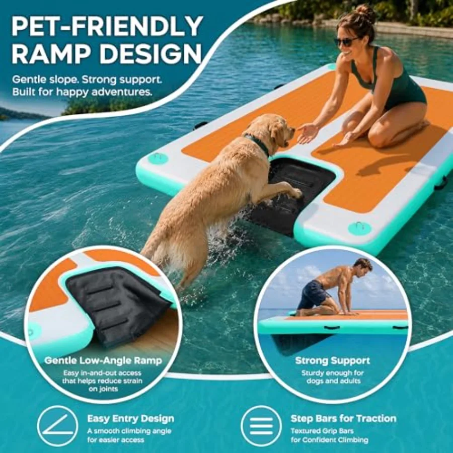 Inflatable Floating Dock with Ramp for lake, ocean, beach, pool use; PVC material; gray/blue color; ultra-stable, quick-inflate