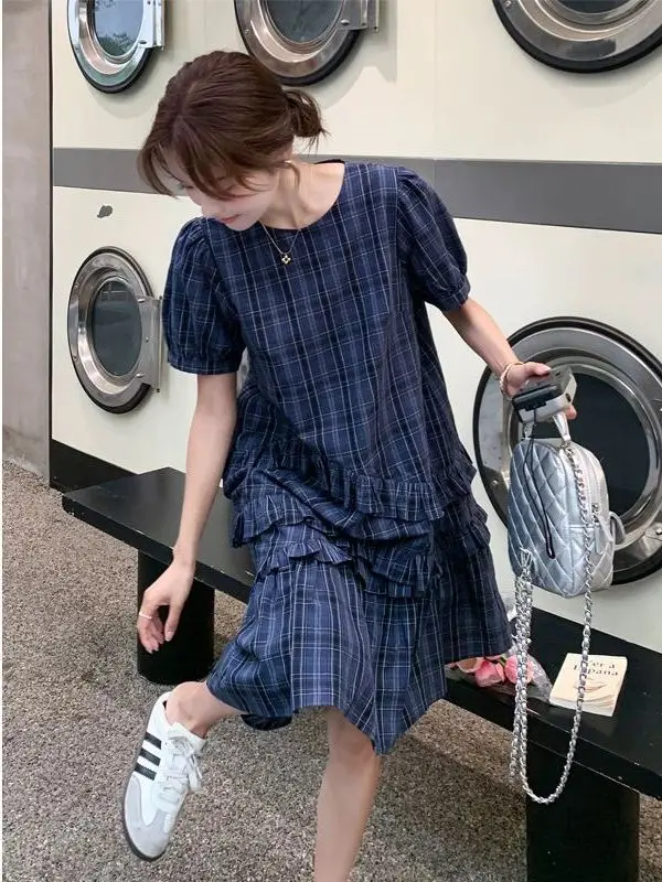 

Большие размеры 300, женская клетчатая юбка трапециевидной формы в Корейском стиле, летняя повседневная юбка с эффектом ушей