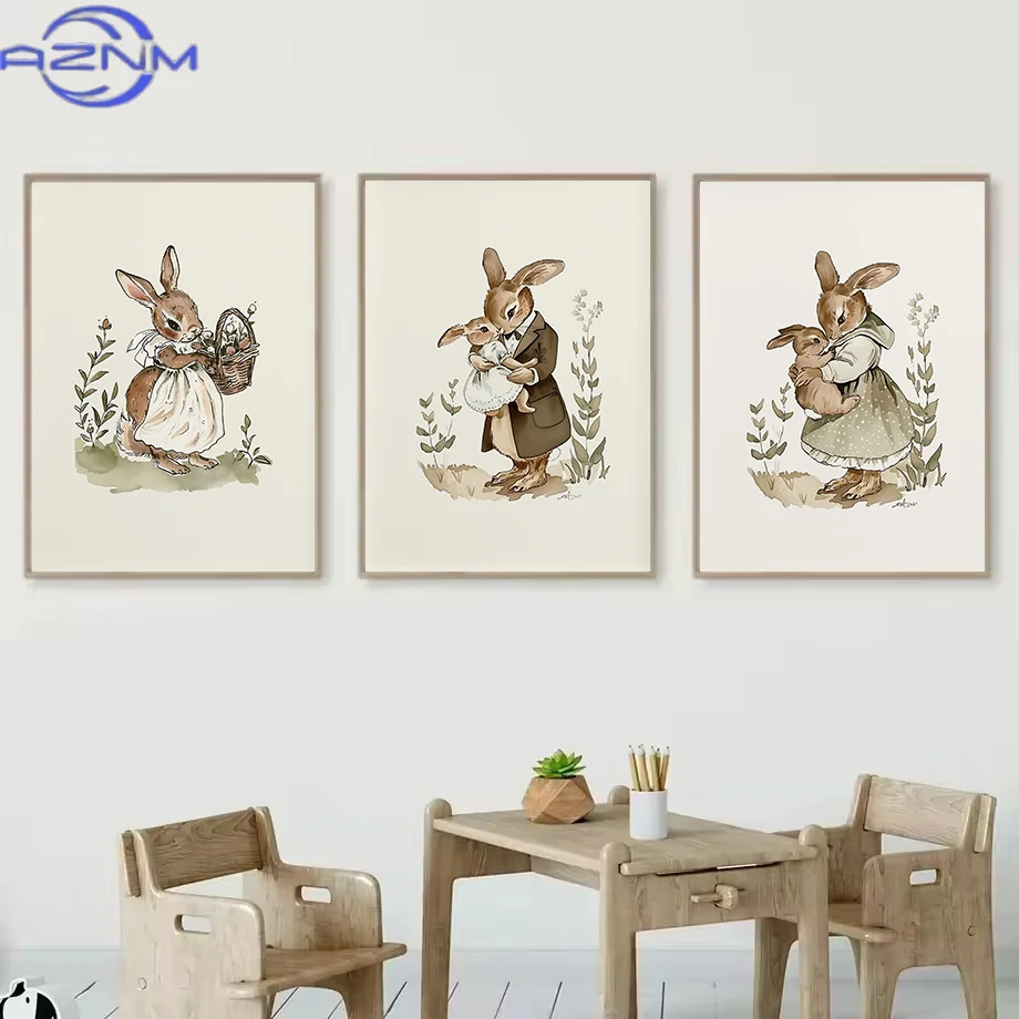AZNM AZNM Antique Cartoon Mom and Bunny Canvas Print Rabbit Bear Animal Fairy Tale Nursery Wall Art Poster Picture Family Farmho