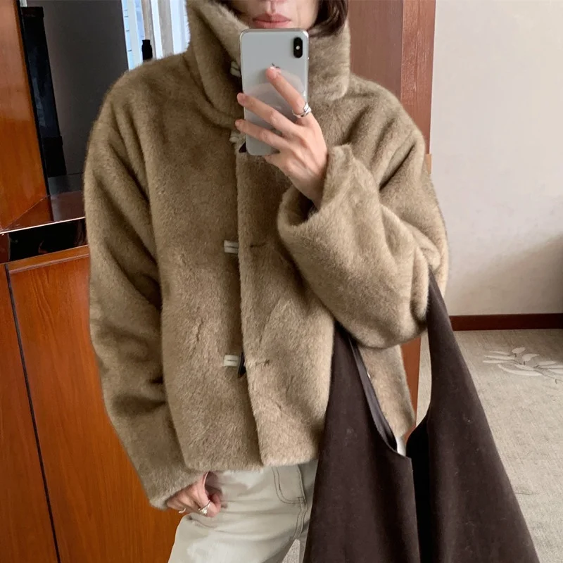 

Женская куртка из искусственной кожи, осенне-зимнее теплое пальто с воротником-стойкой и пуговицами из искусственного меха, Sli Commute Sle